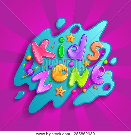 Kids Zone Vector Cartoon Logo. Colorful Bubble Letters For Children Playroom Decoration. Inscription