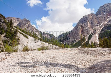 Mudflow With Snow High In The Alpine Mountains