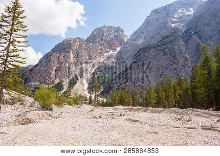 Mudflow With Snow High In The Alpine Mountains