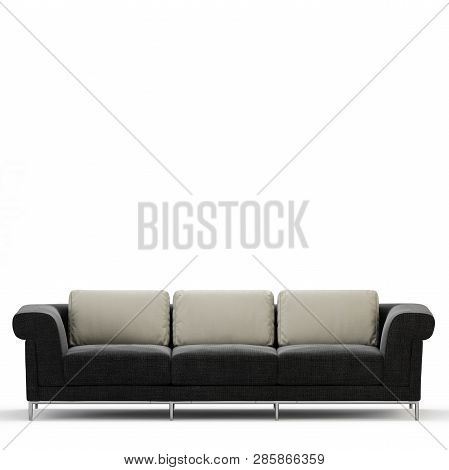 Three-seater Soft Gray Sofa On A White Background Front View 3d Rendering