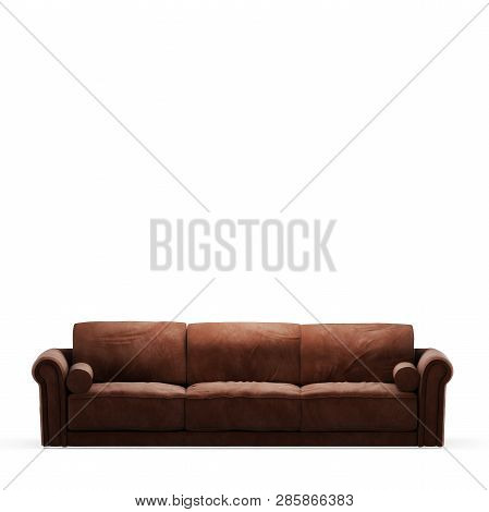 Three-seater Soft Brown Sofa On A White Background Front View 3d Rendering