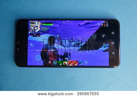 Tula, Russia - January 27, 2019 - Fortnite Video Game Screen With Character And Console Controller. 