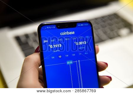 Tula, Russia - January 29, 2019: Coinbase - Buy Bitcoin And More, Secure Wallet Mobile App On The Di