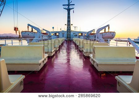Piombino Channel Crossing With Ferry Boat In Summer