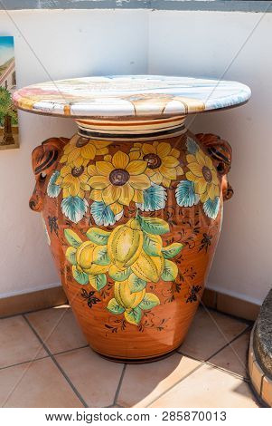 Ravello, Italy - June 16, 2017: Artistic Ceramic Products For Sale In Ravello. A Small Charming Town