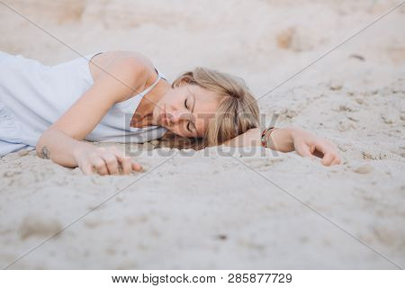 Girl Sundress Lies Sand Sad Crying Longing