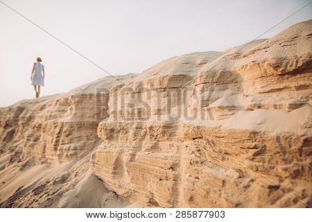 Tired Girl Walking Sand Desert Beach Footprints