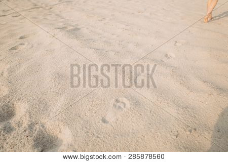 Tired Girl Walking Sand Desert Beach Footprints