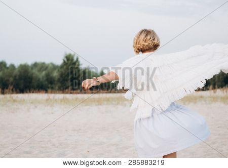 Girl Walks Along Sand Direction Trees Rejoices