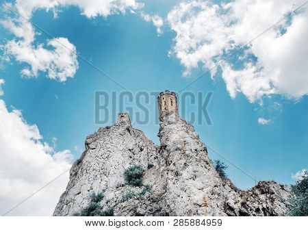 Maiden Tower On The Rock. Devin Castle, Slovak Republic, Central Europe. Cultural Heritage. Teal And