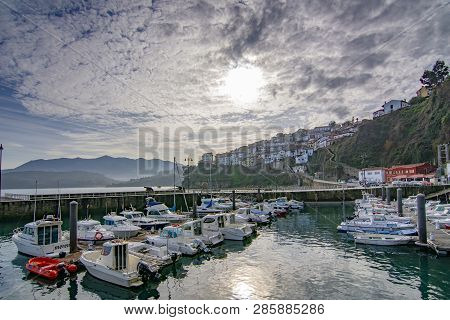 Lastres, Asturias, Spain; January 2016: View Of The Boats In A Port In Lastres Asturias, Spain