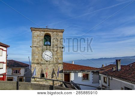 Lastres, Asturias, Spain: January 2016: Old Stone Architecture And Tower Clock In Lastres, Sailor Co