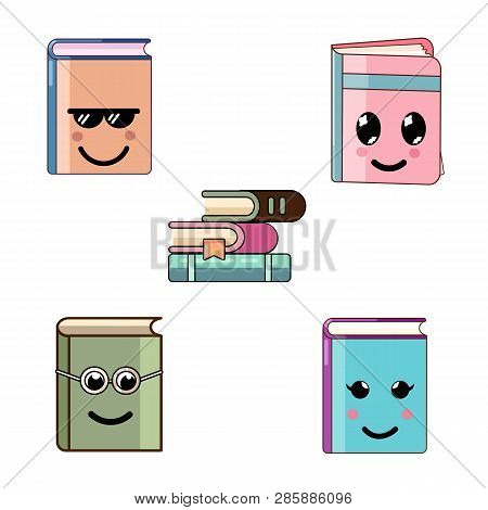 Kawaii Book Set Isolated. Cartoon Flat Style.
