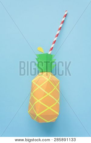 Penapple Cocktail Made Of Paper On Blue Background.