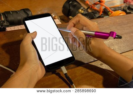 Asian Femalehand Using Mobile Phone With White Blank Screen.mock Up  ,network Signal Concept