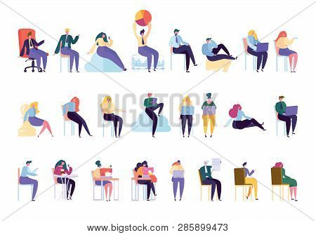 Creative Various People Professional Character Set. Businessman Work Sit On Chair Isolated. Woman Wo