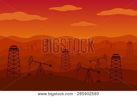 Horse Head Oil Pumps And Derricks In Desert. Vector Illustration.