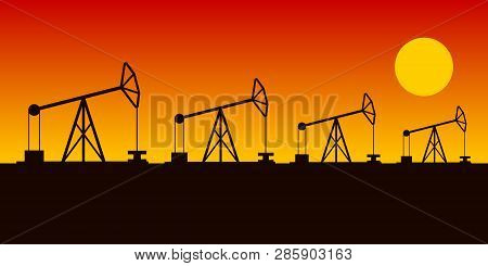Horse Head Oil Pumps In A Row. Oilfield In Desert. Vector Illustration.