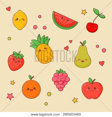 Fruit Food Kawaii Cute Face Set. Orange And Apple Character Isolated Sticker Collection. Healthy Veg