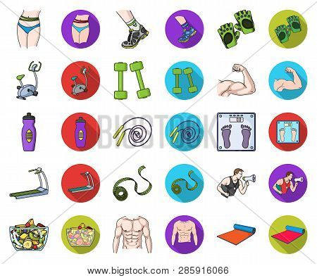 Fitness And Attributes Cartoon, Flat Icons In Set Collection For Design. Fitness Equipment Vector Sy