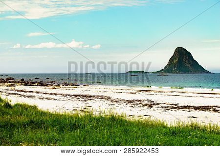 Seascape, Sea Coast With Sandy Beach And Island Bleiksoya In The Distance, Resort Bleik Andoya Norwa