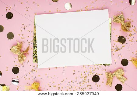 Blank Sheet Of Paper, Notebook On A Festive Pink Background With Golden Confetti And Glitter. Univer