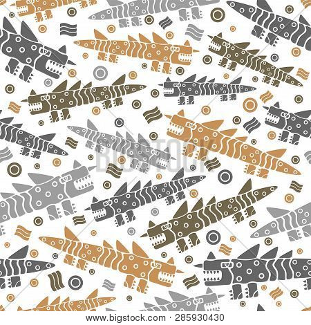 Seamless Background With Dragons, Crocodiles Or Monitor Lizards. Colored On White Background, Vector