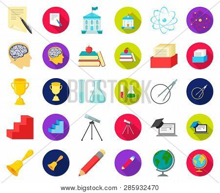 School And Education Cartoon, Flat Icons In Set Collection For Design.college, Equipment And Accesso