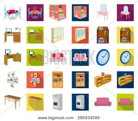 Furniture And Interior Cartoon, Flat Icons In Set Collection For Design. Home Furnishings Vector Iso