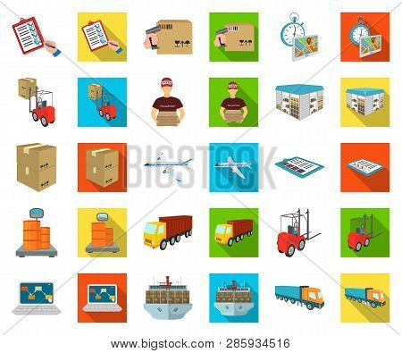 Logistics And Delivery Cartoon, Flat Icons In Set Collection For Design. Transport And Equipment Iso
