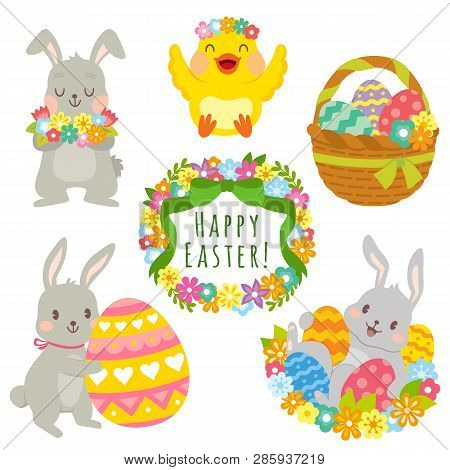 Clip Art Set Of Cute Cartoons For Easter. Easter Bunnies, Easter Eggs, Flowers And Decorations.