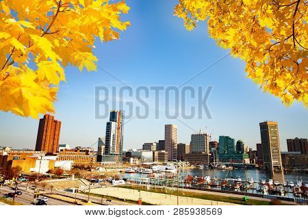 Baltimore Inner Harbor In Autumn, Maryland, Usa