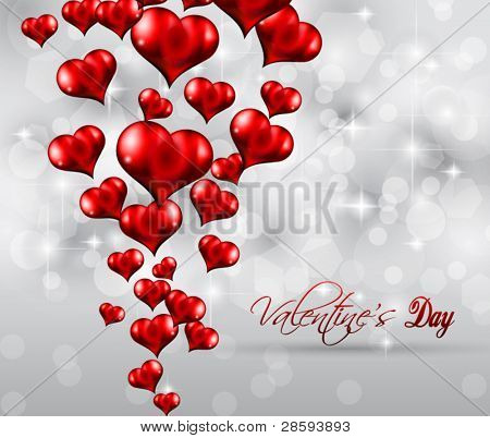 Valentýna leták s vintage třpytky pozadí a lesklé červené srdce letí vzduchem.
