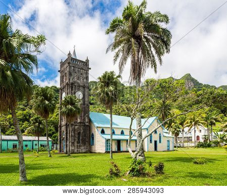 Sacred Heart Roman Catholic Church With A Clock Tower. Colourful Vibrant Old Colonial Capital Of Fij