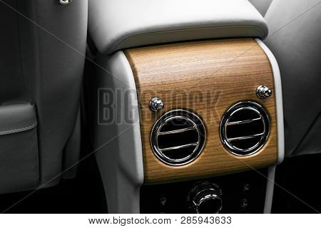 Ac Ventilation Deck In Luxury Modern Car Interior. Modern Car White Leather Interior. With Stitchig.