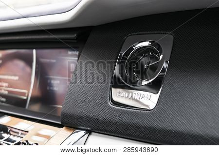 Monte-carlo, Monaco, February 24, 2019: The New Rolls Royce Cullinan Logo In Black And White Perfora
