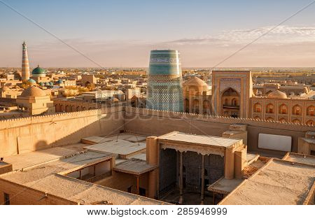 Top View Of Old City Of Khiva, Ichan-kala Fortress At Sunset