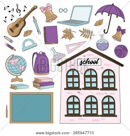 Vivat School Education Supplies Cartoon Vector Illustration Set For Print, Fabric And Decoration.