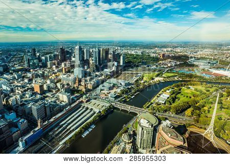 Travel to the edge of the earth. Australia. The magnificent modern city of Melbourne. Photo taken from the observation deck of the tower Eureka Skydeck. Concept of active and ecological tourism