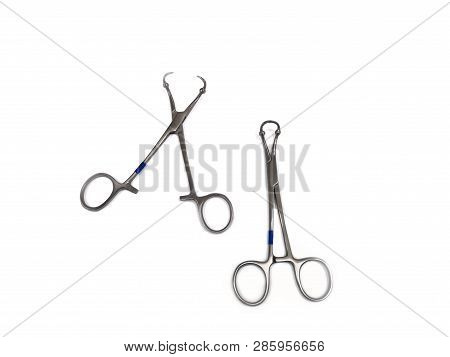 Towel Clip Or Towel Clamp. Isolated Image Of Surgical Instrument.