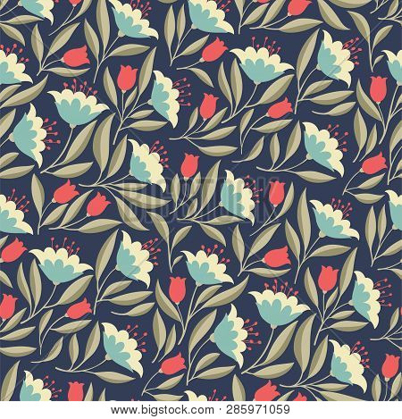 Hand Drawn Seamless Pattern With Folk Colorful Flowers. Cute Vintage Vector Background For Textile, 