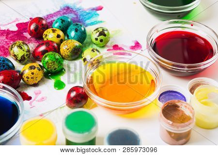 Colorful Easter Concepts With Quial Eggs And Paints, Selective Focus