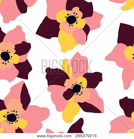Seamless Pattern With Abstract Flowers. Bright Floral Background With A White Background.