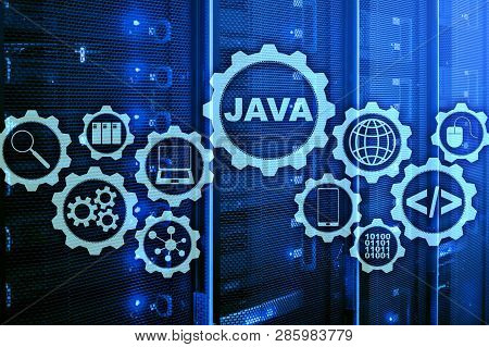 Java Programming Concept. Virtual Machine. On Server Room Background.
