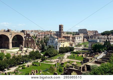 Wide Angle View Of The Roman Forum, With The The Basilica Of Maxentius And Constantine, Sometimes Kn