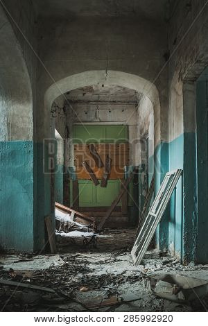 Dark And Creepy Corridor Of Old Abandoned Hospital