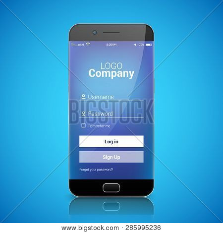 Mobile Ui Login Register App Template. Sign In Vector Signup Design On Smartphone.