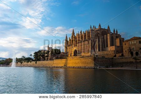 Day To Night Transition - Sunset On La Seu, The Cathedral Of Palma De Mallorca, And Royal Palace Of 