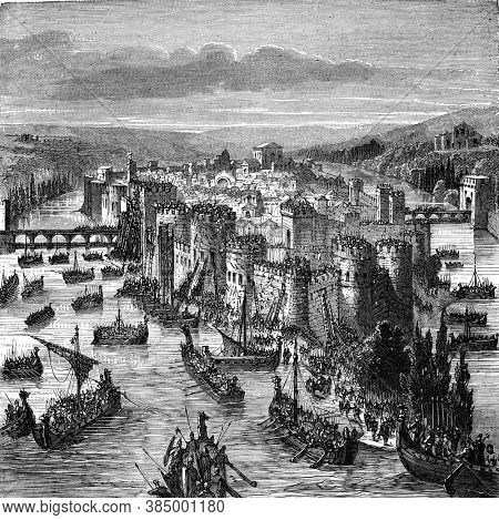 The siege of Paris by the Normans, Vintage engraving. From Popular France, 1869.