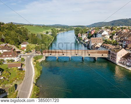 Aerial Image The Old Wooden Covered Bridge Over The Rhine River, Which Connects The Swiss Old Town D